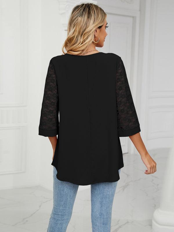 loose v-neck seven-point lace trumpet sleeve stitching chiffon shirt - 808Lush