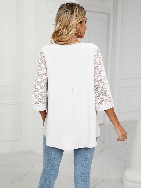 loose v-neck seven-point lace trumpet sleeve stitching chiffon shirt - 808Lush