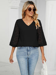 loose v-neck seven-point lace trumpet sleeve stitching chiffon shirt - 808Lush