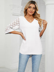 loose v-neck seven-point lace trumpet sleeve stitching chiffon shirt - 808Lush