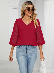 loose v-neck seven-point lace trumpet sleeve stitching chiffon shirt - 808Lush