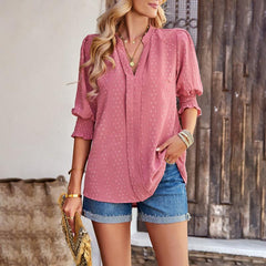 Spring and summer temperament commuting V-neck five-quarter sleeve top - 808Lush