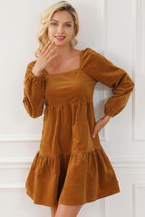 Square Neck Long Sleeve Tiered Dress - 808Lush