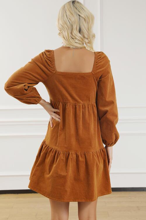 Square Neck Long Sleeve Tiered Dress - 808Lush