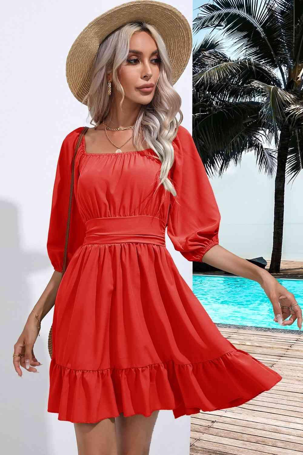 Square Neck Tie Back Ruffle Hem Dress - 808Lush