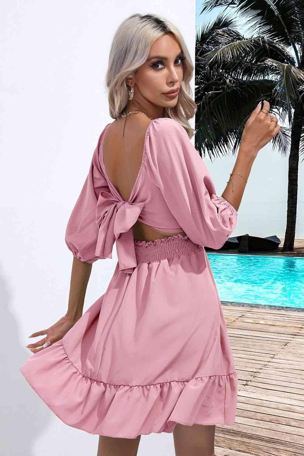 Square Neck Tie Back Ruffle Hem Dress - 808Lush