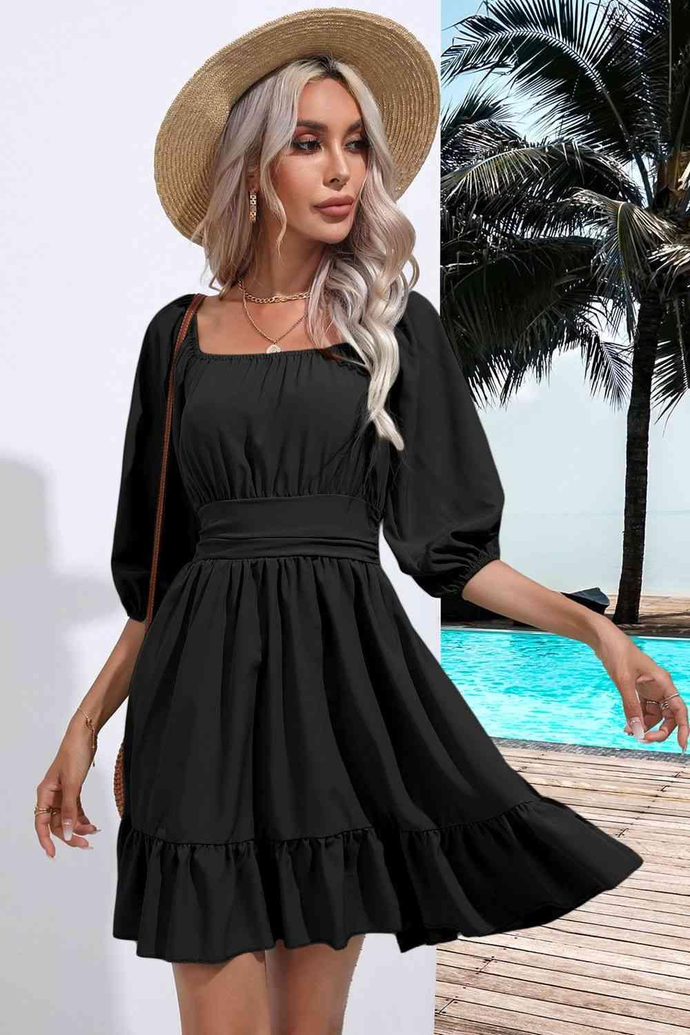 Square Neck Tie Back Ruffle Hem Dress - 808Lush