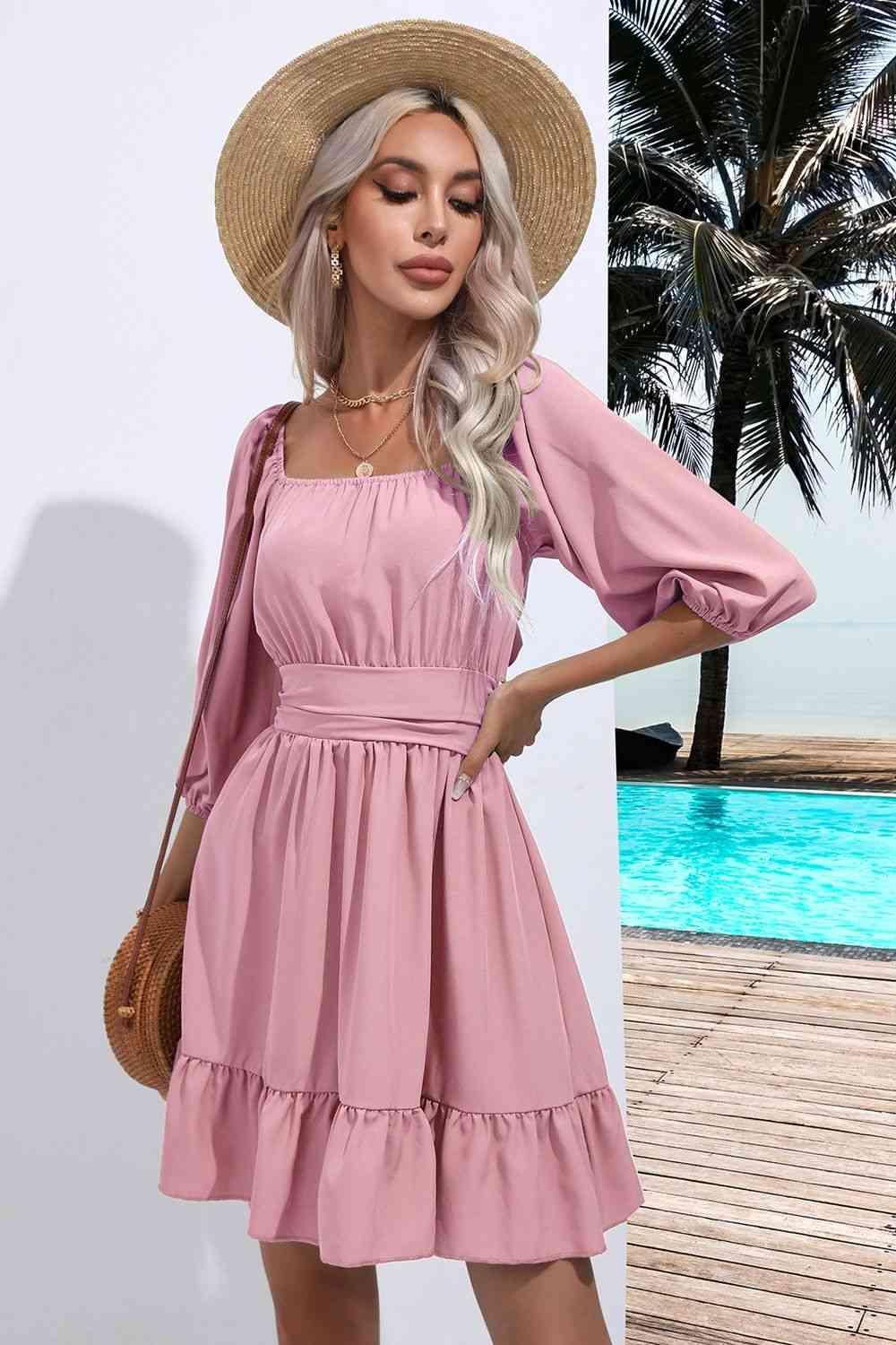 Square Neck Tie Back Ruffle Hem Dress - 808Lush