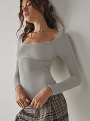 Square neck sexy backless long sleeve bodysuit - 808Lush