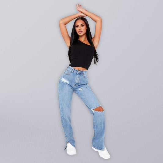 Straight-leg mopping trousers ripped ankle slit flared jeans - 808Lush