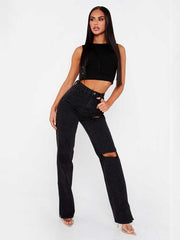 Straight-leg mopping trousers ripped ankle slit flared jeans - 808Lush