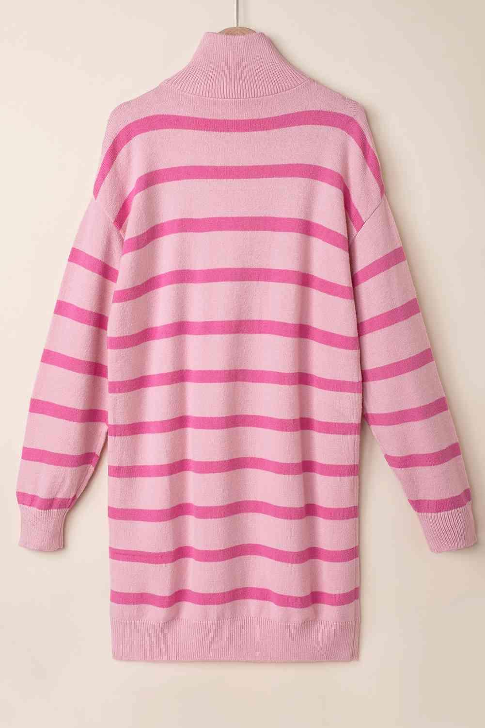 Striped Quarter-Zip Collared Sweater Dress - 808Lush