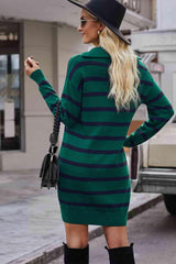 Striped Quarter-Zip Collared Sweater Dress - 808Lush