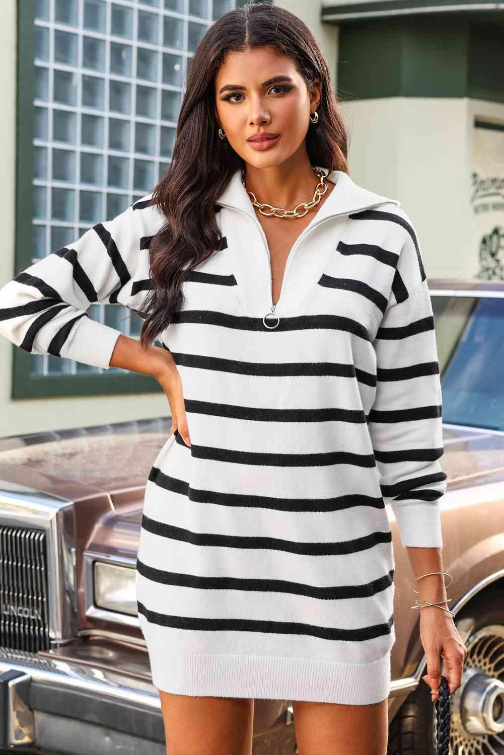 Striped Quarter-Zip Collared Sweater Dress - 808Lush