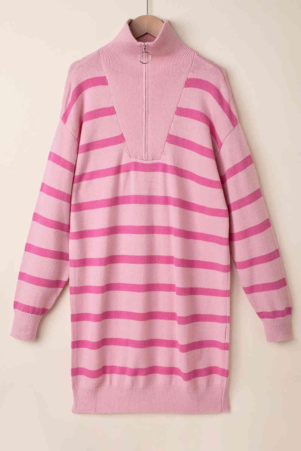 Striped Quarter-Zip Collared Sweater Dress - 808Lush