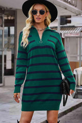 Striped Quarter-Zip Collared Sweater Dress - 808Lush