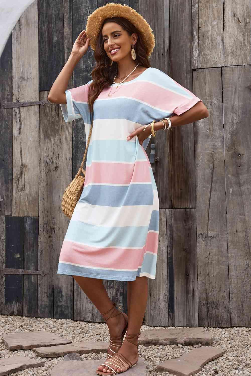 Striped Round Neck Tee Dress - 808Lush