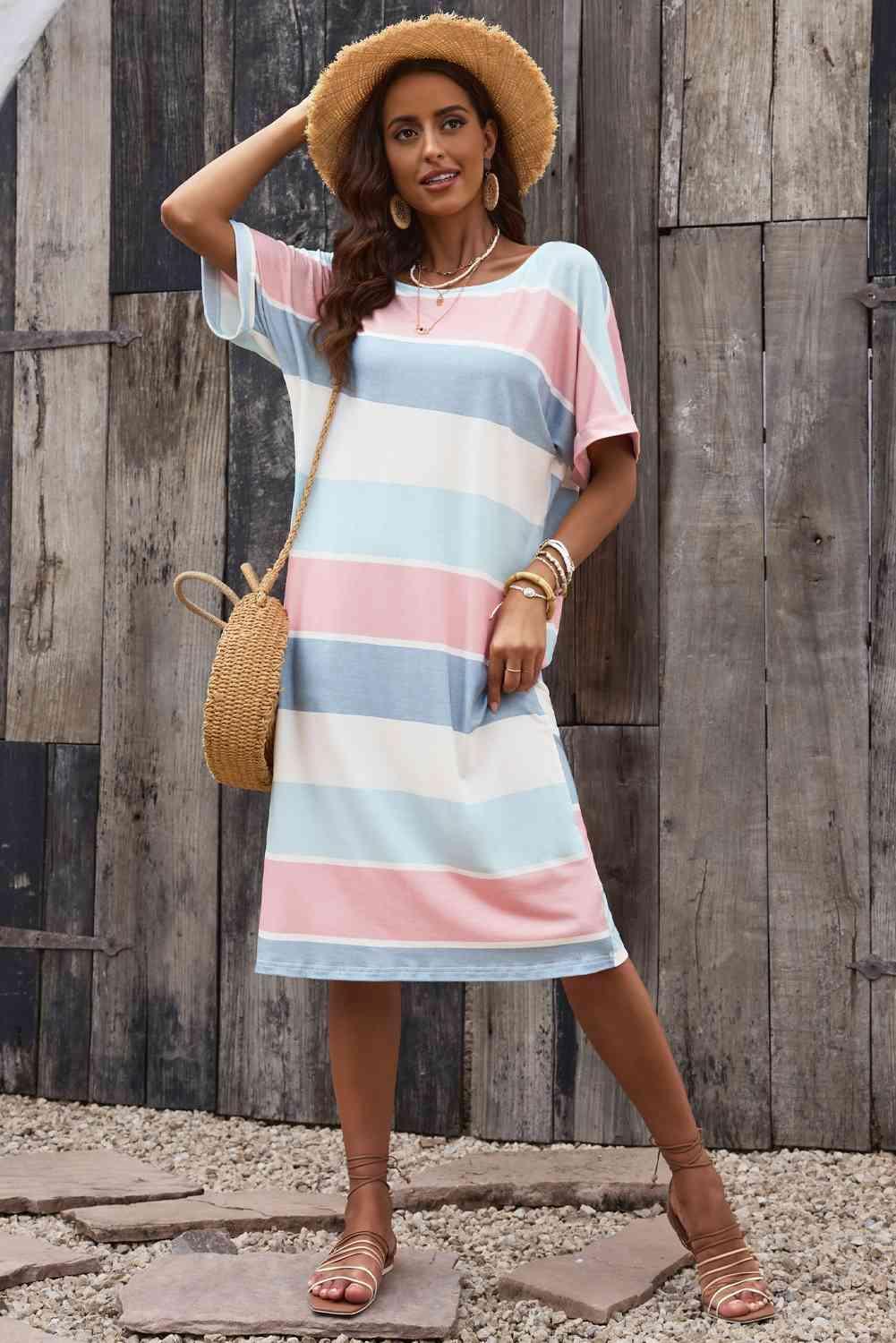 Striped Round Neck Tee Dress - 808Lush