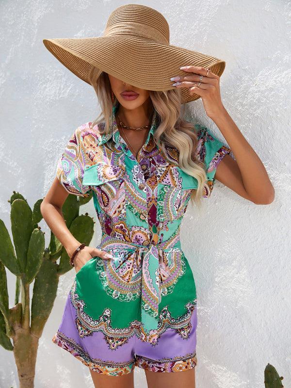 Summer ethnic style printed short-sleeved shorts jumpsuit - 808Lush