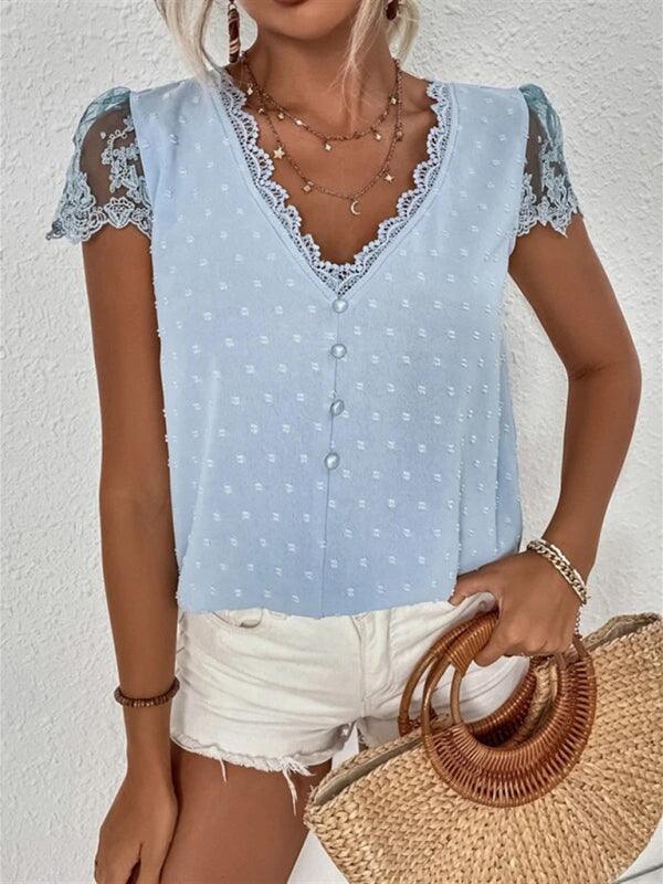 V-neck chiffon lace shirt - 808Lush