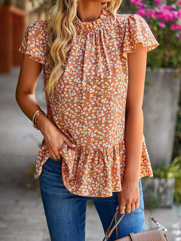 floral print turtleneck blouse loose holiday style - 808Lush