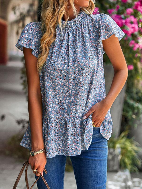 floral print turtleneck blouse loose holiday style - 808Lush