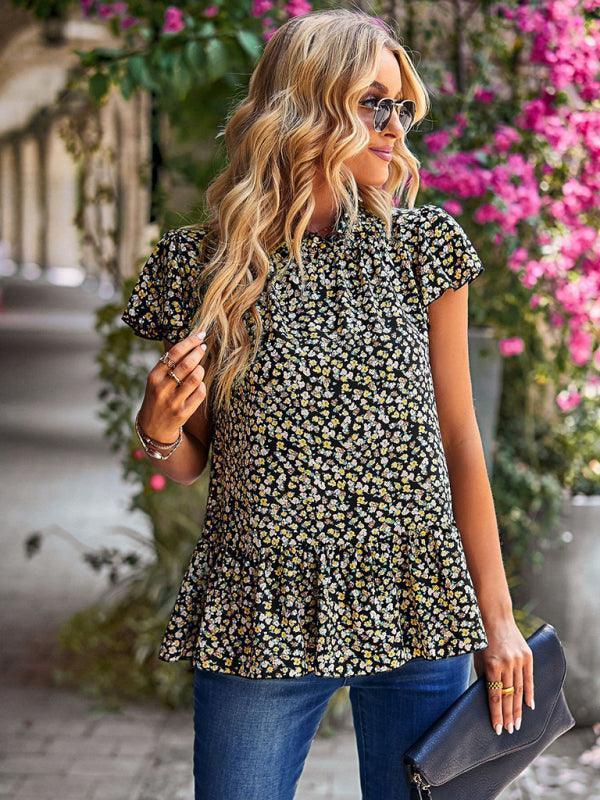 floral print turtleneck blouse loose holiday style - 808Lush