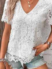 short-sleeved lace V-neck loose sweet pullover T-shirt - 808Lush