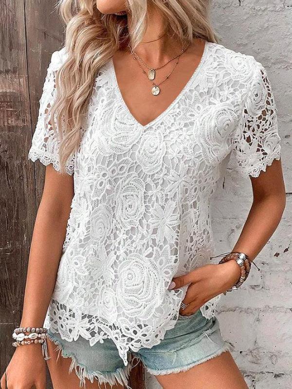 short-sleeved lace V-neck loose sweet pullover T-shirt - 808Lush