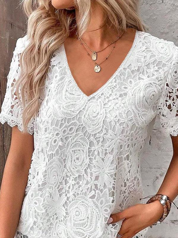 short-sleeved lace V-neck loose sweet pullover T-shirt - 808Lush