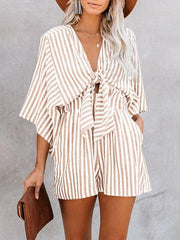 Summer slim waist striped jumpsuit deep V trumpet sleeve three-pointer - 808Lush