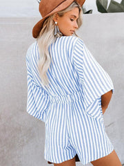 Summer slim waist striped jumpsuit deep V trumpet sleeve three-pointer - 808Lush