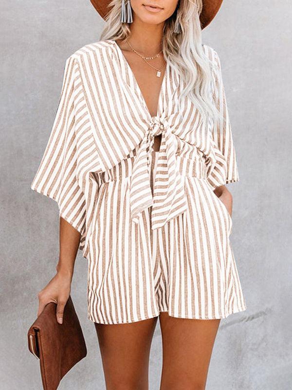 Summer slim waist striped jumpsuit deep V trumpet sleeve three-pointer - 808Lush