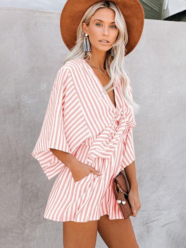 Summer slim waist striped jumpsuit deep V trumpet sleeve three-pointer - 808Lush