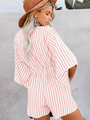 Summer slim waist striped jumpsuit deep V trumpet sleeve three-pointer - 808Lush