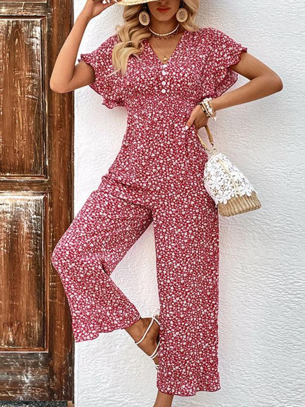 Summer women's fashion red printed European and American jumpsuit - 808Lush