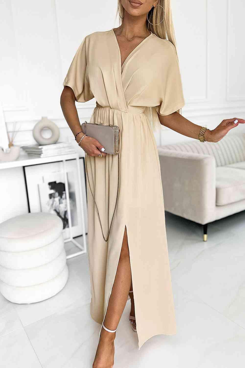 Surplice Neck Slit Maxi Dress - 808Lush