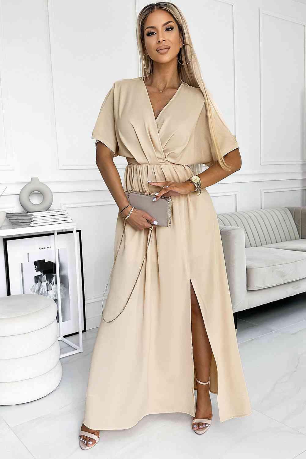 Surplice Neck Slit Maxi Dress - 808Lush