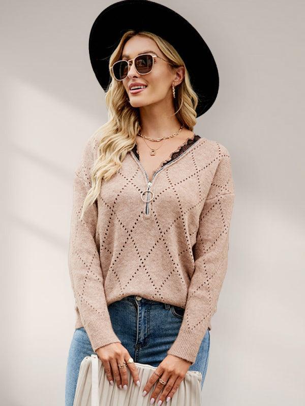 Sweater Loose Short Zipper Sexy Lace V Neck Fashion Sexy Top - 808Lush