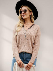 Sweater Loose Short Zipper Sexy Lace V Neck Fashion Sexy Top - 808Lush