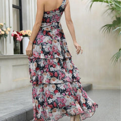 Sweet Sexy Oblique Shoulder Strapless Dress Floral Romantic High Slit Sexy Beam Waist Dress - 808Lush