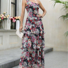 Sweet Sexy Oblique Shoulder Strapless Dress Floral Romantic High Slit Sexy Beam Waist Dress - 808Lush