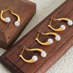 Synthetic Pearl Asymmetrical Titanium Steel Earrings - 808Lush