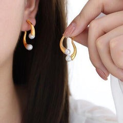 Synthetic Pearl Asymmetrical Titanium Steel Earrings - 808Lush