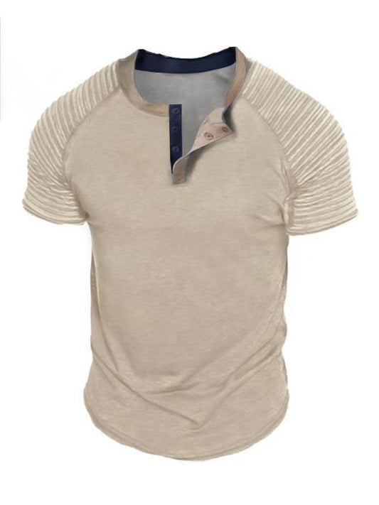 T-Shirt Button Collar Short Sleeve Men's Casual Pleated Tops Men's T-Shirts - 808Lush