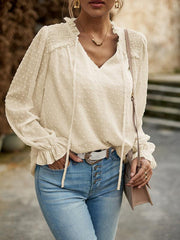 Temperament and elegant v-neck knotted long-sleeved top blouse - 808Lush