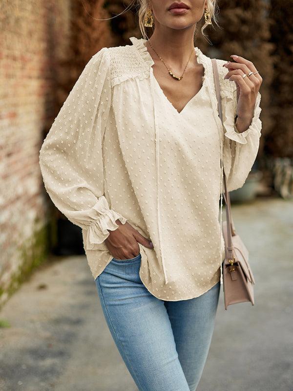 Temperament and elegant v-neck knotted long-sleeved top blouse - 808Lush