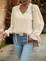 Temperament and elegant v-neck knotted long-sleeved top blouse - 808Lush