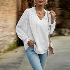 Temperament and elegant v-neck knotted long-sleeved top blouse - 808Lush