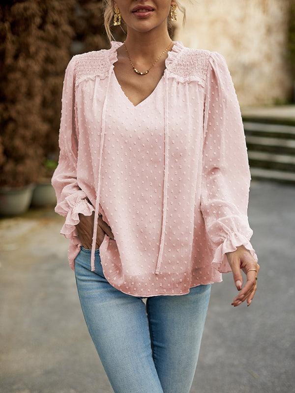 Temperament and elegant v-neck knotted long-sleeved top blouse - 808Lush